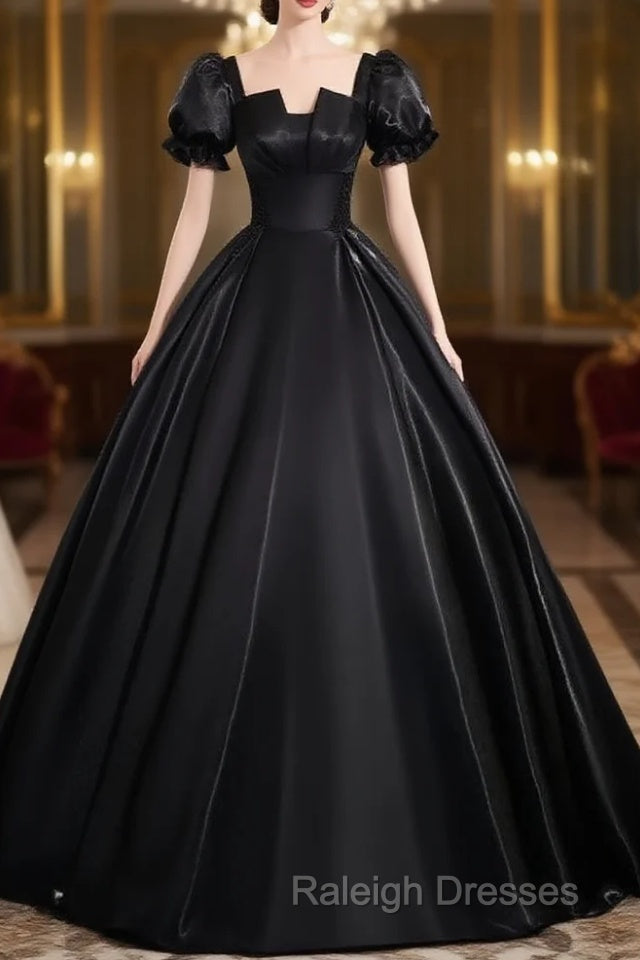 A-Line Short Sleeve Black Satin Long Prom Dress, Black Long Formal Dress Main image