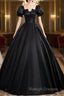 A-Line Short Sleeve Black Satin Long Prom Dress, Black Long Formal Dress