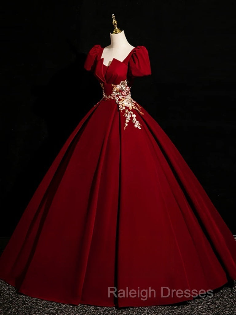 A-Line Short Sleeve Satin Lace Applique Burgundy Long Prom Dress Secondary image