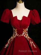 A-Line Short Sleeve Satin Lace Applique Burgundy Long Prom Dress