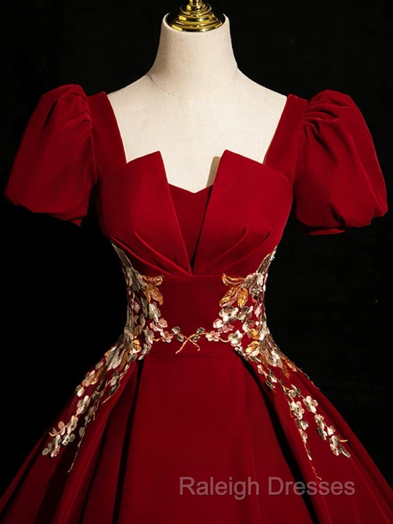 A-Line Short Sleeve Satin Lace Applique Burgundy Long Prom Dress