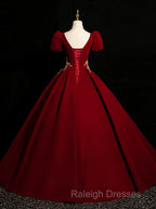 A-Line Short Sleeve Satin Lace Applique Burgundy Long Prom Dress