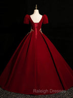 A-Line Short Sleeve Satin Lace Applique Burgundy Long Prom Dresses