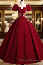 A-Line Short Sleeve Satin Lace Applique Burgundy Long Prom Dress