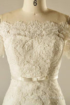A-Line Short Sleeve Waist Lace Wedding Dress With Appliques Beading