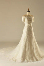 A-Line Short Sleeve Waist Lace Wedding Dress With Appliques Beading