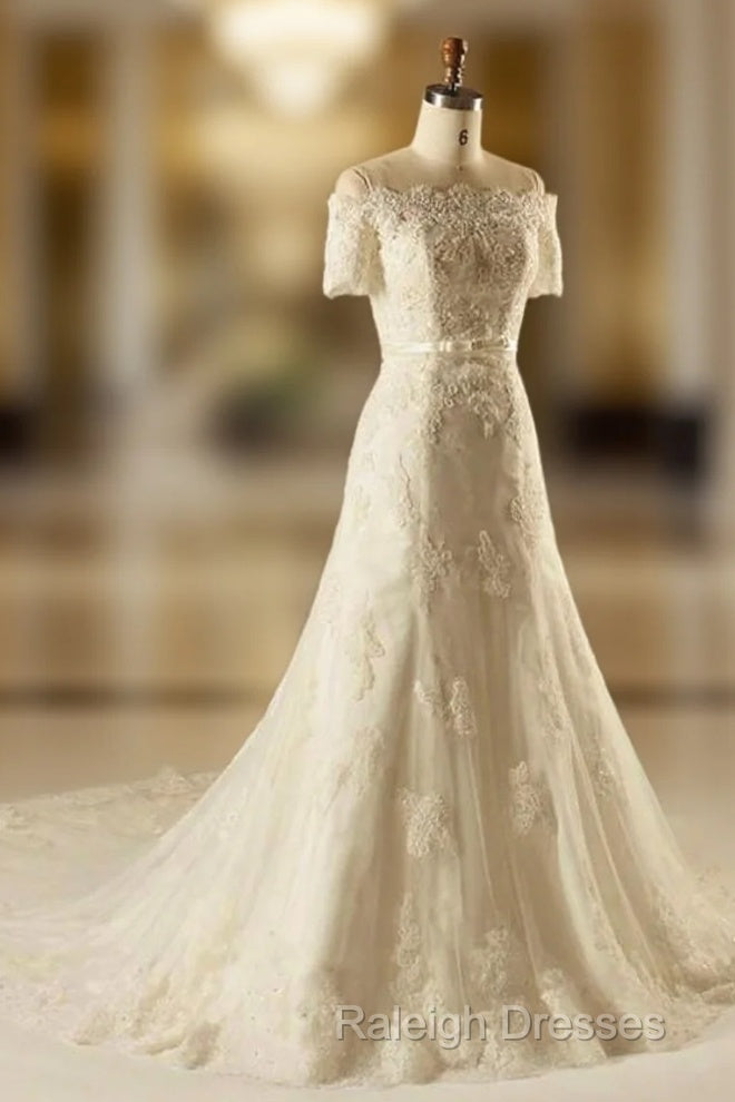 A-Line Short Sleeve Waist Lace Wedding Dress With Appliques Beading Main image