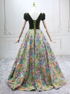 A-Line Short Sleeves Green Long Formal Prom Dress, Printed Satin Green Long Prom Dress