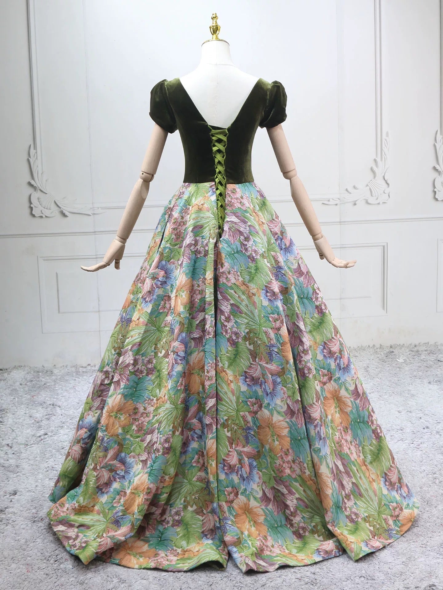 A-Line Short Sleeves Green Long Formal Prom Dress, Printed Satin Green Long Prom Dress