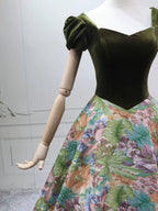 A-Line Short Sleeves Green Long Formal Prom Dress, Printed Satin Green Long Prom Dress