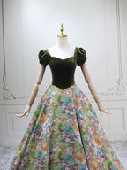 A-Line Short Sleeves Green Long Formal Prom Dress, Printed Satin Green Long Prom Dress