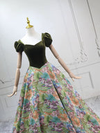A-Line Short Sleeves Green Long Formal Prom Dress, Printed Satin Green Long Prom Dress