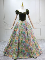 A-Line Short Sleeves Green Long Formal Prom Dress, Printed Satin Green Long Prom Dress