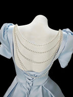 A-Line Short Sleeves Satin Blue Short Formal Prom Dress With Beads