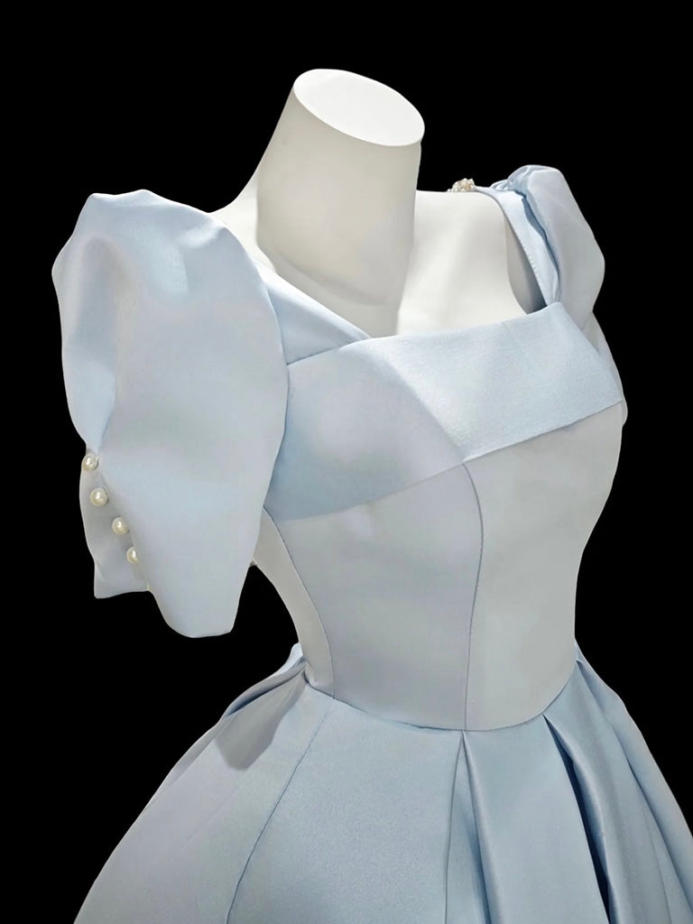 A-Line Short Sleeves Satin Blue Short Formal Prom Dress With Beads