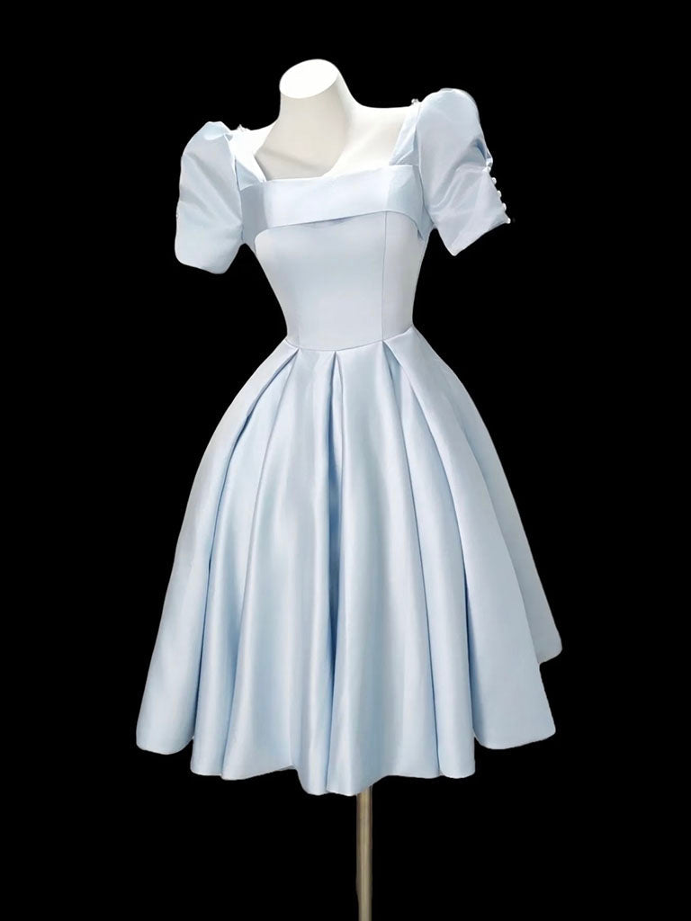A-Line Short Sleeves Satin Blue Short Formal Prom Dress With Beads Main image