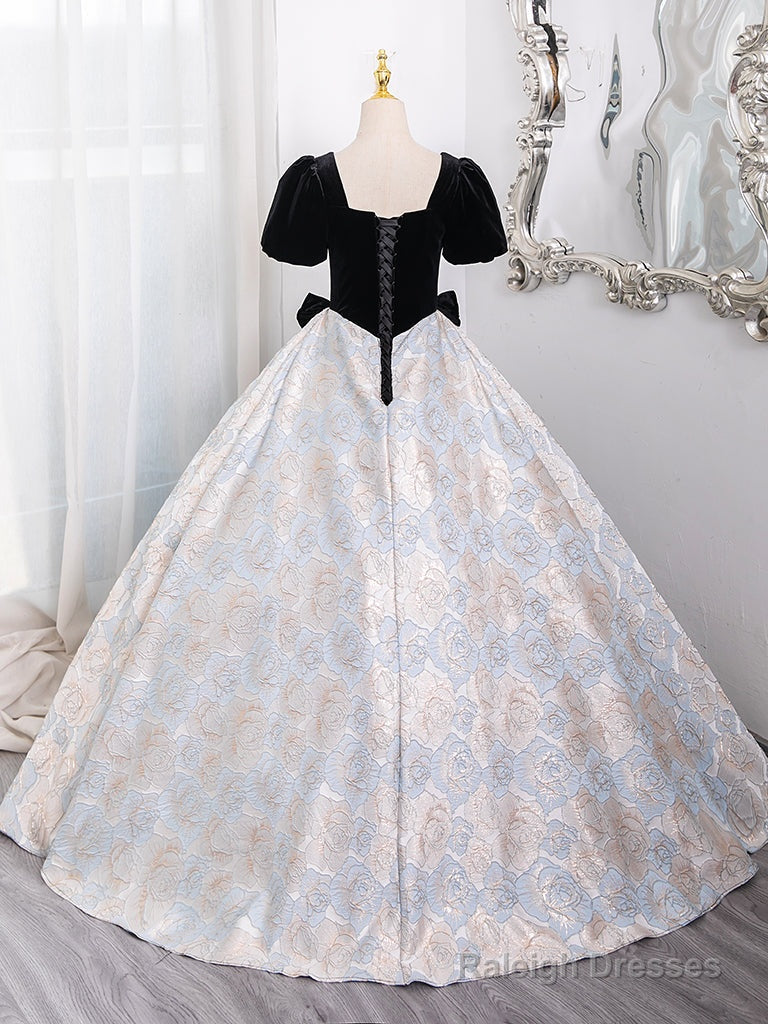 A-Line Short Sleeves Satin Velvet Black Long Prom Dress, Black Long Formal Dress Secondary image