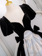 A-Line Short Sleeves Satin Velvet Black Long Prom Dresses Black Long Prom Dresses