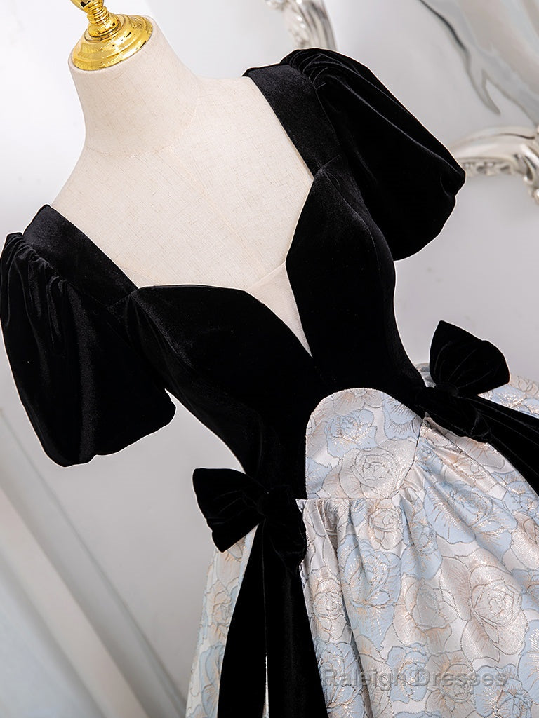 A-Line Short Sleeves Satin Velvet Black Long Prom Dresses Black Long Prom Dresses