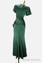 A Line Short Sleeves Silk Like Satin V Neck Ruffles Asymmetrical Bridesmaid Dress