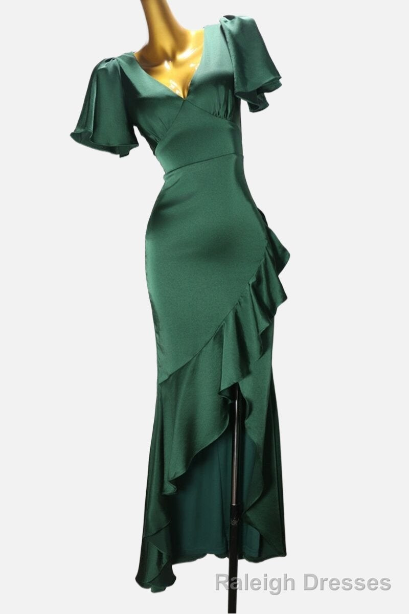 A Line Short Sleeves Silk Like Satin V Neck Ruffles Asymmetrical Bridesmaid Dress Main image