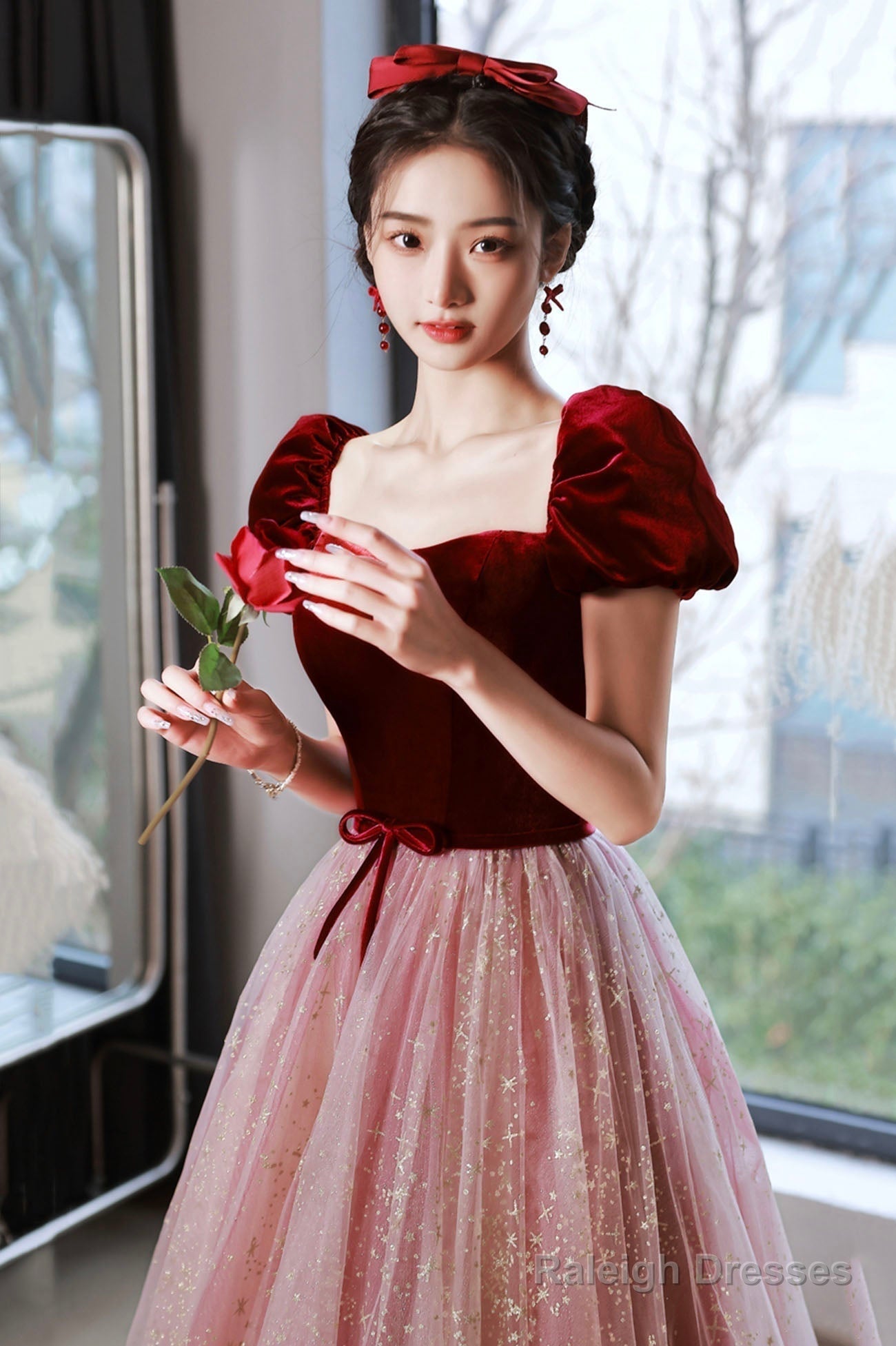 A-Line Short Tulle Floor Length Prom Dresses Lovely Pink Graduation Dresses