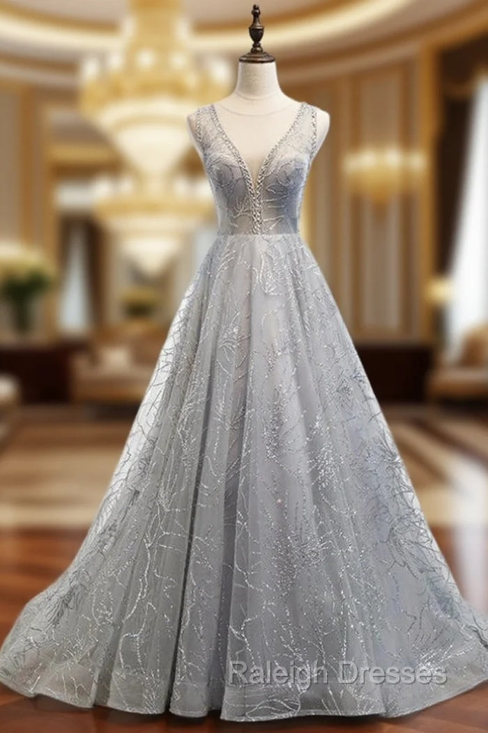 A-Line Silver Gray Tulle Sequins See Through V-neck Backless Prom Dress