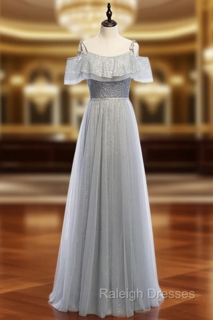 A Line Silver Gray Tulle Sequins Spaghetti Straps Prom Dresses Main image