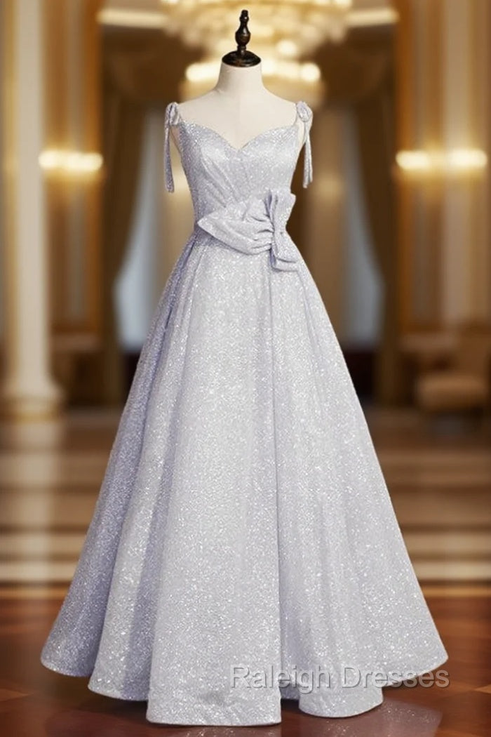 A Line Silver Sequins Spaghetti Straps Prom Dresses With Bow Main image