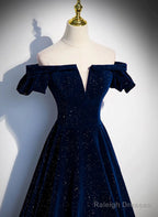A-Line Simple Navy Blue Velvet Off Shoulder Prom Dresses Navy Blue Prom Dresses