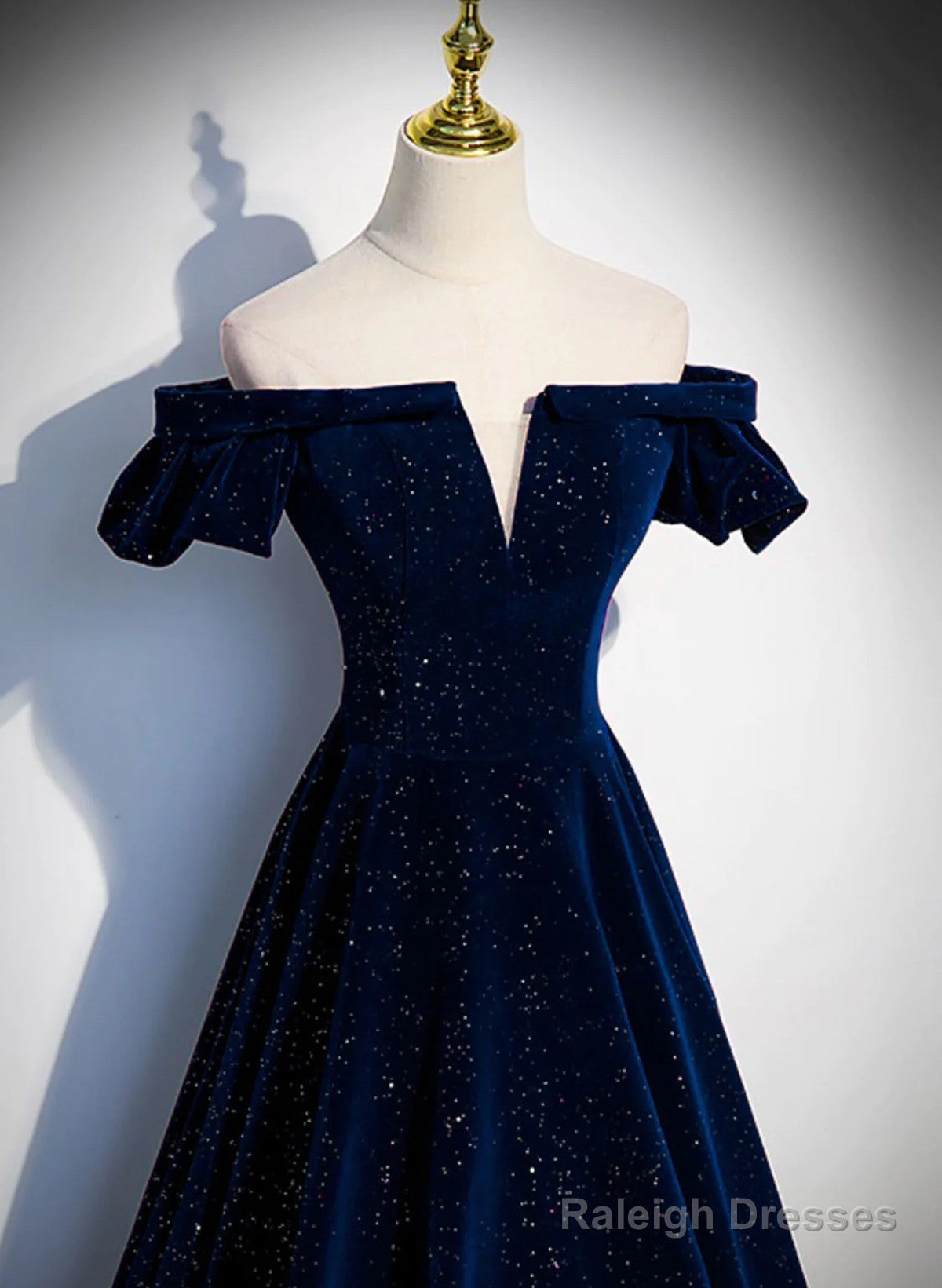 A-Line Simple Navy Blue Velvet Off Shoulder Prom Dresses Navy Blue Prom Dresses