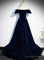 A-Line Simple Navy Blue Velvet Off Shoulder Prom Dresses Navy Blue Prom Dresses