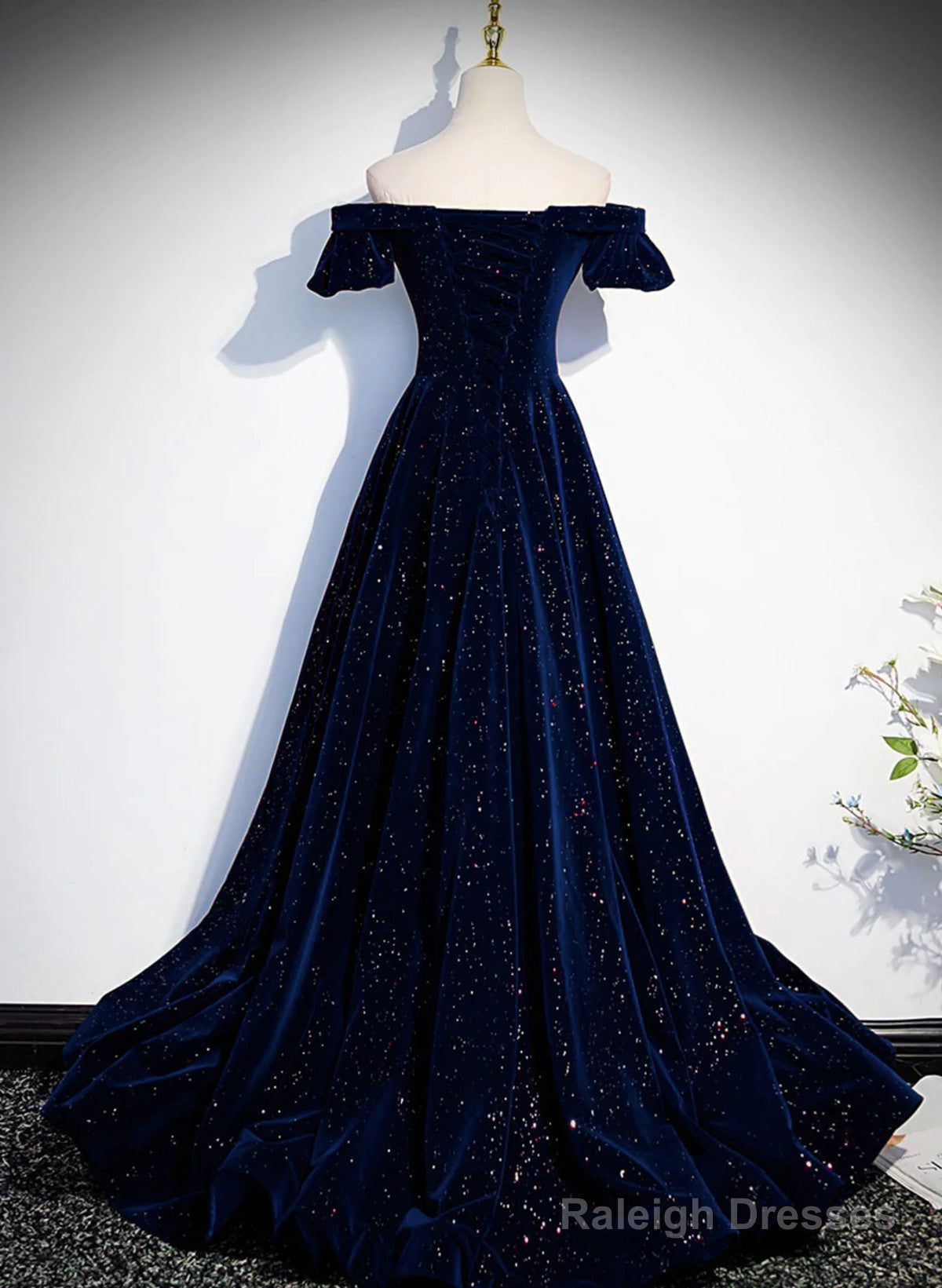 A-Line Simple Navy Blue Velvet Off Shoulder Prom Dresses Navy Blue Prom Dresses