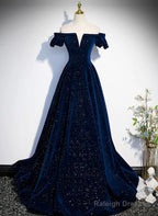 A-Line Simple Navy Blue Velvet Off Shoulder Prom Dresses Navy Blue Prom Dresses