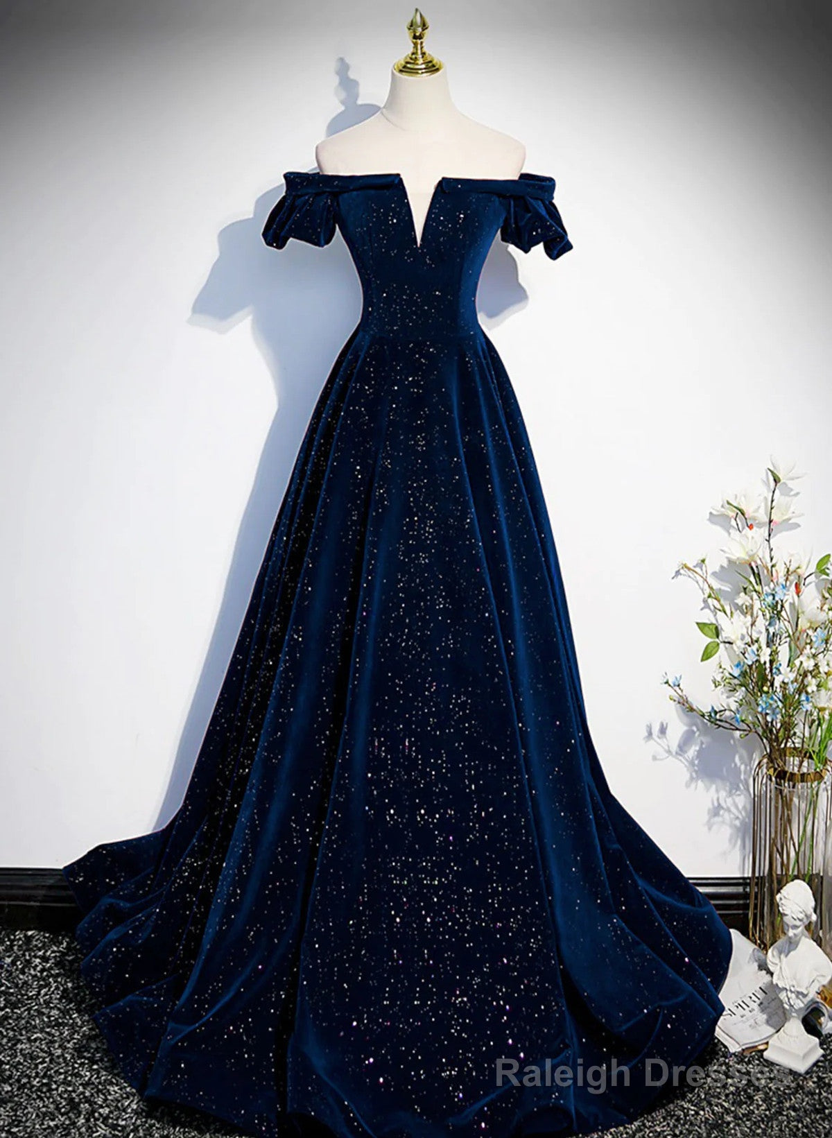 A-Line Simple Navy Blue Velvet Off Shoulder Prom Dresses Navy Blue Prom Dresses