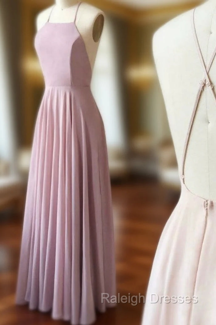 A Line Simple Pink Chiffon Halter Crosed Straps Prom Dresses Main image