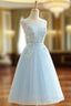 A-Line Sky Blue Tulle Backless Appliques Homecoming Dress With Pearls