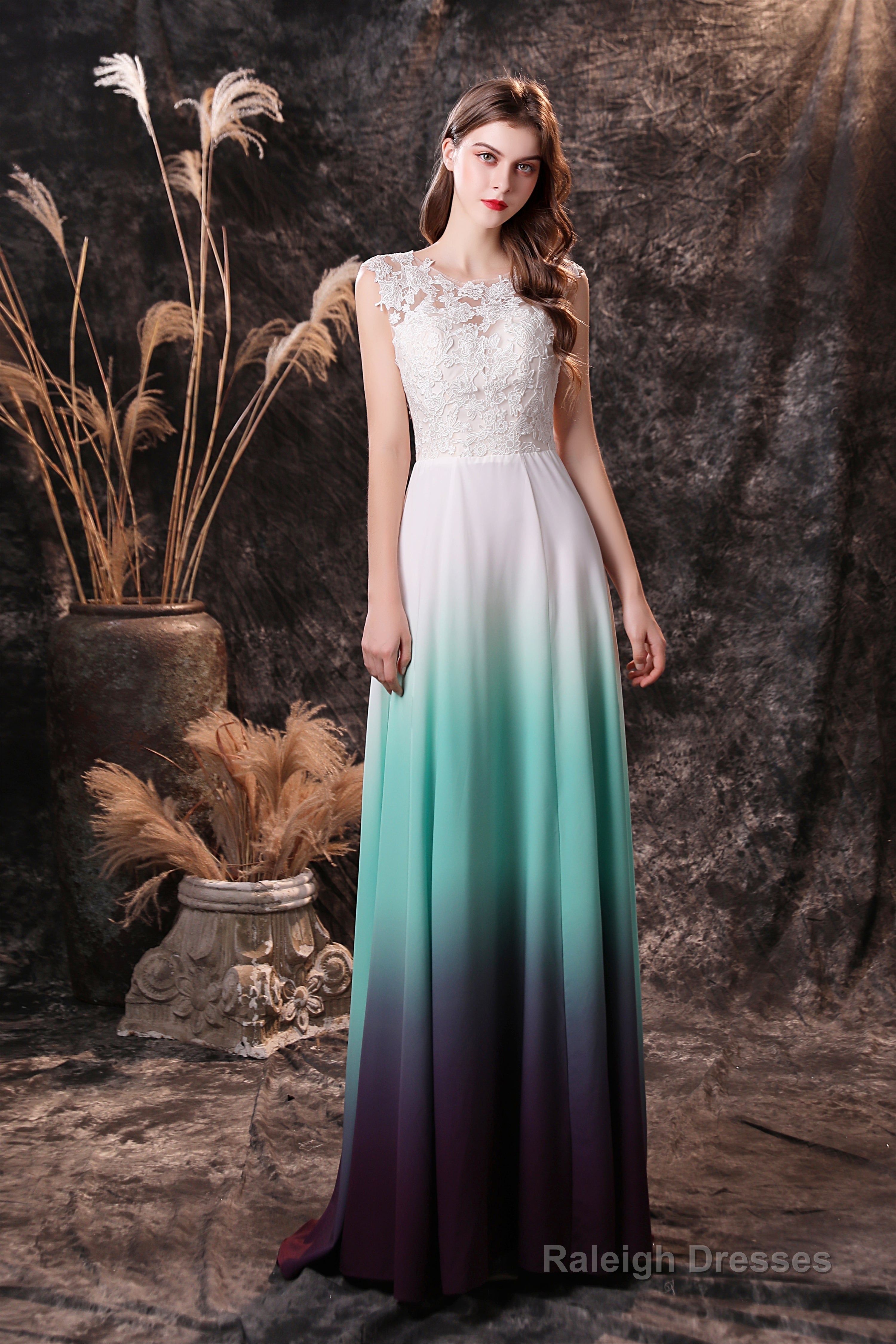A Line Sleeveless Appliques Ombre Silk Like Satin Floor Length Prom Dresses Main image