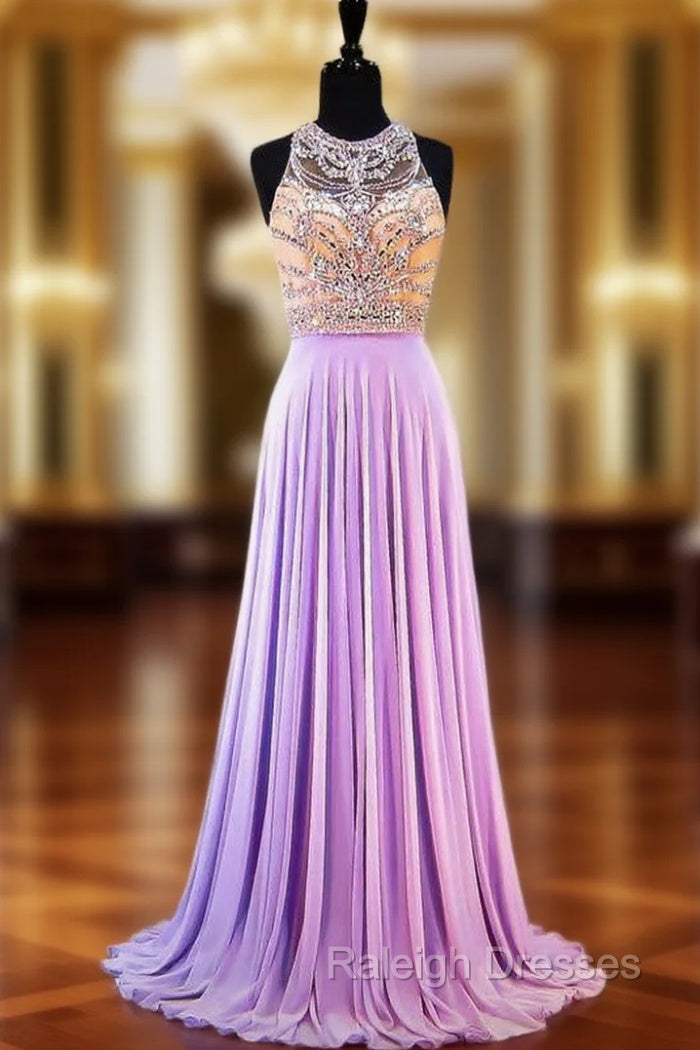 A-line Sleeveless Beaded Crystals Backless Lilac Chiffon Prom Dress Main image