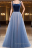 A Line Sleeveless Floor Length Blue Prom Dresses, Blue Long Formal Bridesmaid Evening Dresses