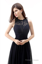 A Line Sleeveless Lace Chiffon Long Black Prom Dresses
