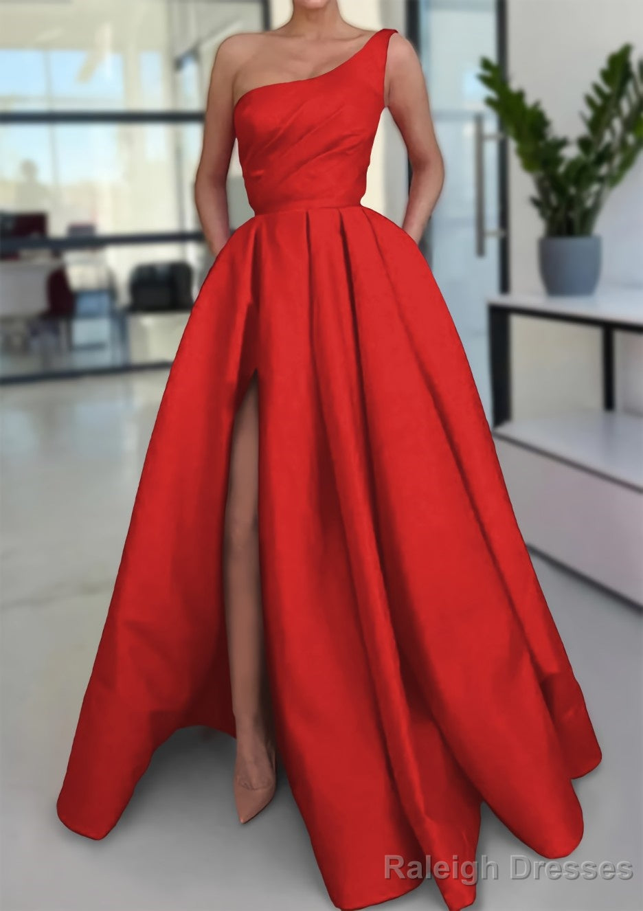 A-line Sleeveless One-Shoulder Long/Floor-Length Satin Prom Dresses With Split Ruffles Pockets