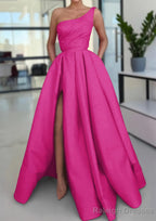 A-line Sleeveless One-Shoulder Long/Floor-Length Satin Prom Dresses With Split Ruffles Pockets