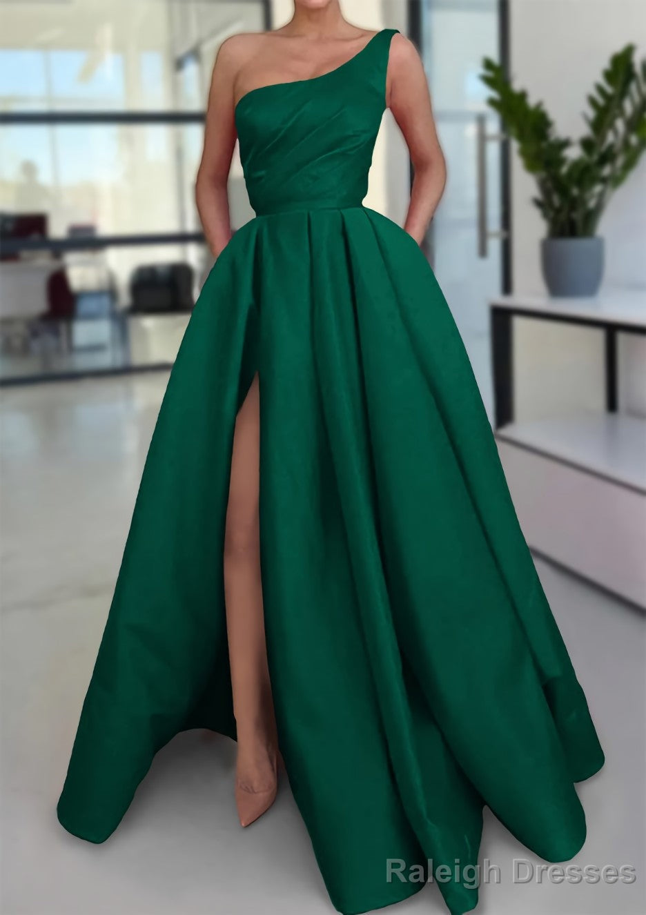A-line Sleeveless One-Shoulder Long/Floor-Length Satin Prom Dresses With Split Ruffles Pockets