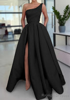 A-line Sleeveless One-Shoulder Long/Floor-Length Satin Prom Dresses With Split Ruffles Pockets