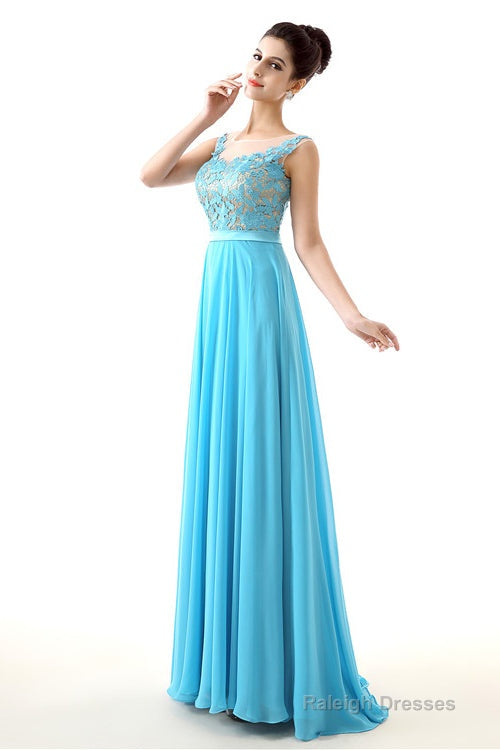 A-line Sleeves Chiffon Lace Backless Long Prom Dresses Main image