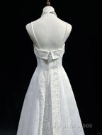 A-Line Spaghetti Strap Beaded Satin Long Prom Dress White Wedding Dress Graduation Prom Dress