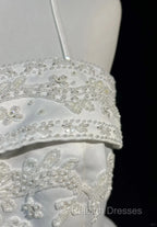 A-Line Spaghetti Strap Beaded Satin Long Prom Dress White Wedding Dress Graduation Prom Dress