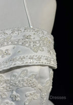 A-Line Spaghetti Strap Beaded Satin Prom Dresses Long White Wedding Dresses Graduation Prom Dresses