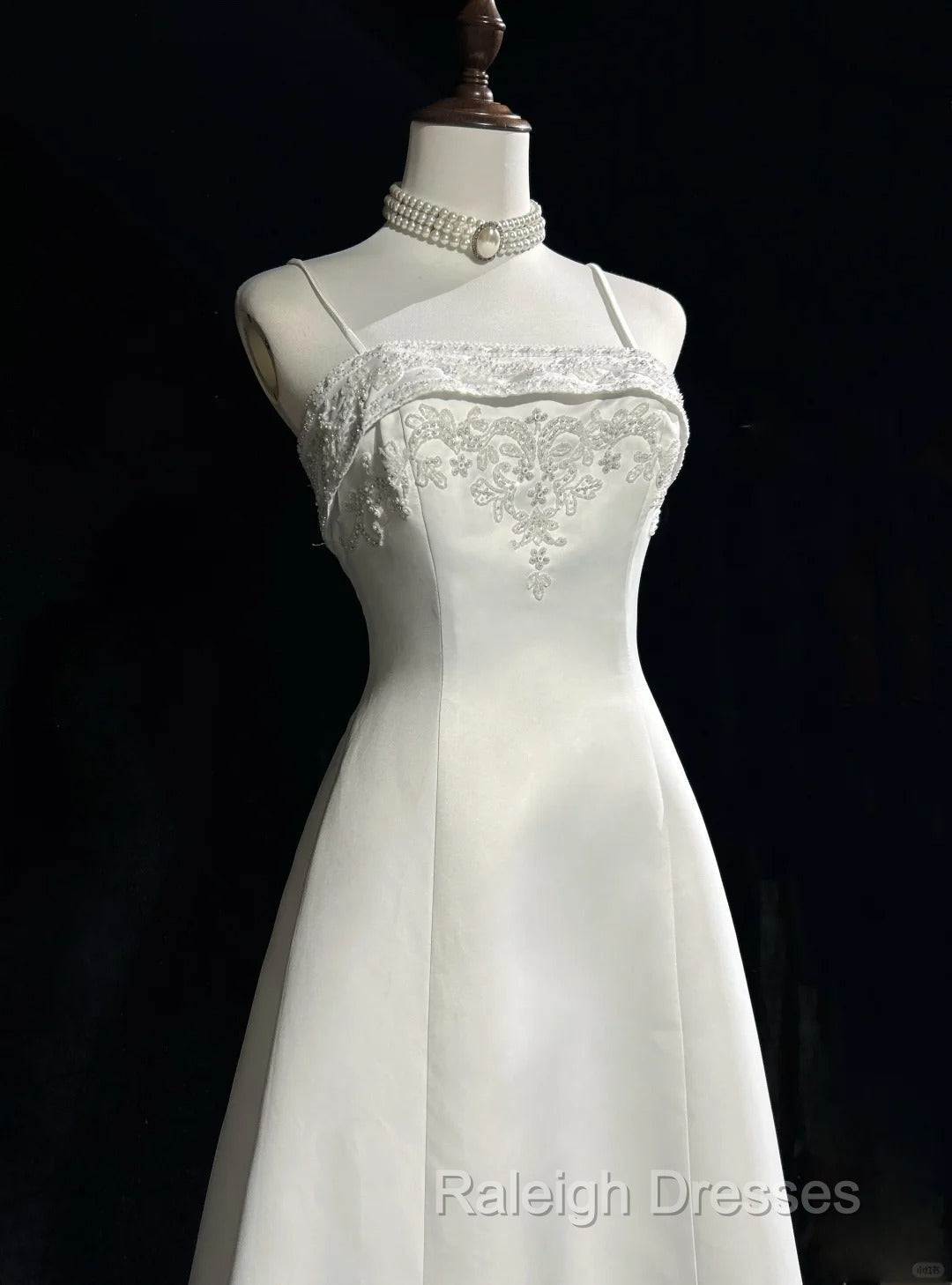 A-Line Spaghetti Strap Beaded Satin Long Prom Dress White Wedding Dress Graduation Prom Dress